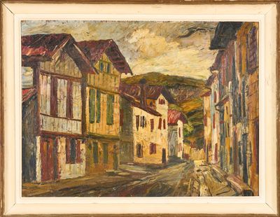 une peinture à l'huile représentant une scène de rue avec des bâtiments et un cheval