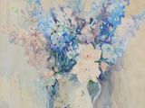 a painting of flowers in a vase on a table
