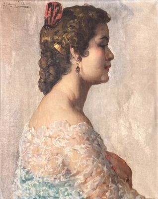 painting of a woman in a blue dress with a butterfly in her hair
