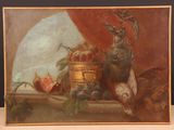 painting of a still life with fruit and a vase on a table