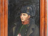 une peinture à l'huile représentant un homme en uniforme militaire, dans un cadre en bois
