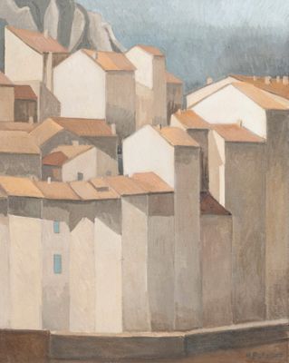 a painting of a town with a mountain in the background