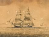 tableau représentant un grand voilier sur l'eau, avec d'autres bateaux en arrière-plan