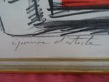 drawing of a painting of a red and white bus with a black and white stripe