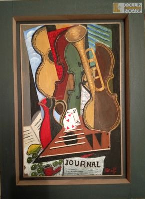 une photo d'un tableau représentant un instrument de musique posé sur une table