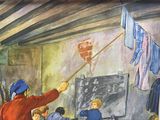 a painting of a teacher teaching children in a classroom