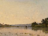 a painting of a boat on the water with a sky background