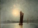 un tableau représentant un bateau sur l'eau, avec un homme dans une barque