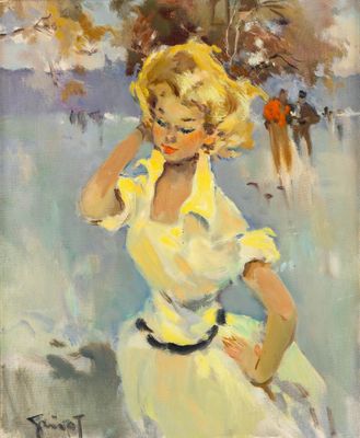 une image d'un tableau représentant une femme en robe blanche