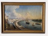 une peinture à l'huile représentant une vue d'un port avec des bateaux sur l'eau