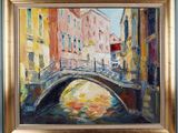 a painting of a bridge over a river with buildings in the background