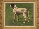 an oil painting of a dog standing in a field of grass