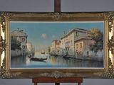 a picture of a painting on a easel with a boat in the water