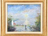 a painting of people walking on the beach with boats in the background