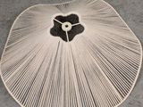 a picture of a string clock with a black flower on it