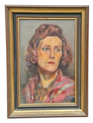 painting of a woman in a red dress in a gold frame