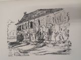 a black and white drawing of a house on the wall