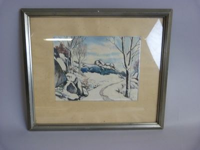 painting of a snowy landscape with a house in the distance