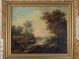 an oil painting of a landscape with a river in the foreground