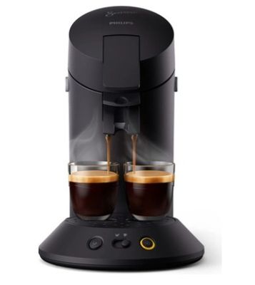 une cafetière noire avec deux tasses de café posées devant