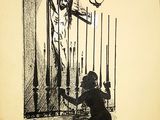drawing of a woman leaning against a fence with a lamp post in the background