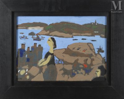 une peinture à l'huile représentant une femme assise sur un rocher au bord d'un plan d'eau