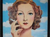 painting of a woman talking on a cell phone in front of a blue sky