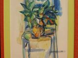 a picture of a painting of a chair with a potted plant on it