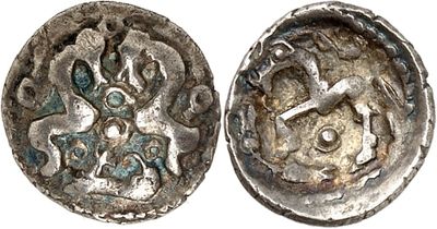a silver coin with an image of a man and a woman on it