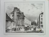 an old picture of a street scene with a horse drawn carriage in front of a building