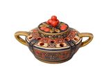 an image of a ceramic teapot with a red flower on top