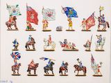 de nombreuses figurines représentant des personnes à cheval et brandissant des drapeaux