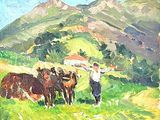 a painting of a man standing in a field with horses