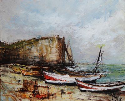 painting of boats on a beach with cliffs in the background