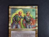 a picture of a card with a picture of two men in armor