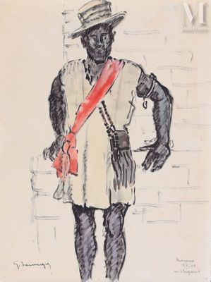 dessin représentant un homme portant un chapeau de paille et une robe ornée d'une ceinture rouge