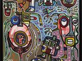 a painting of a group of people standing around each other