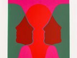 an image of a red and green print with two faces