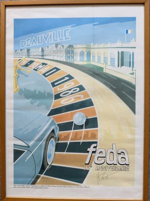 painting of a car driving down a road with a casino wheel in front of it