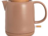 a brown tea pot with a wooden lid on a white background