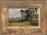 an oil painting of a landscape with trees and a fence