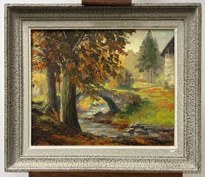 une peinture à l'huile représentant un ruisseau traversant une forêt, avec un pont