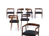 set of six dining chairs with black upholstered seats