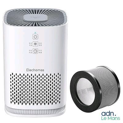 une photo d'un purificateur d'air blanc à côté d'un purificateur d'air noir et blanc