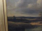 a painting of a landscape with a river in the foreground