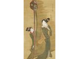 a painting of a woman in a kimono dress and a man in a kimono