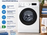 une publicité pour une machine à laver dans une buanderie où des serviettes sont posées par terre
