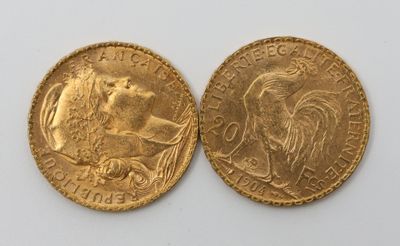 gros plan de deux pièces d'or sur une surface blanche