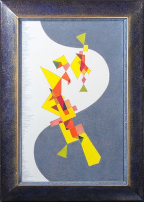 tableau représentant un oiseau composé de formes géométriques, dans un cadre noir
