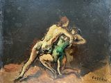 an oil painting of a man wrestling a woman in a green dress